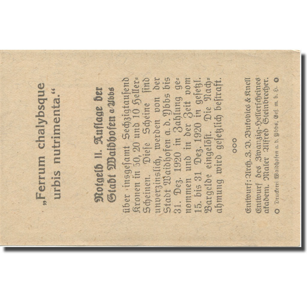 Banknote, Austria, Waidhofen An Der Ybbs N.Ö. Stadtgemeinde, 10 Heller, Texte