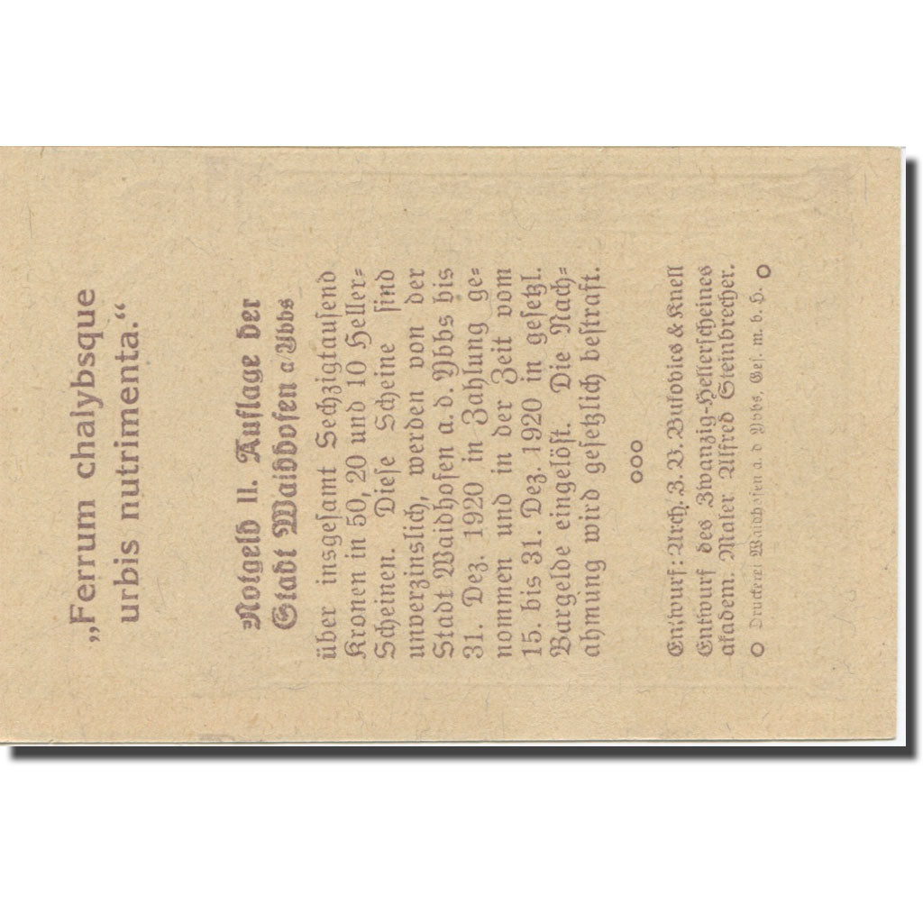 Banconote, Austria, Waidhofen An Der Ybbs N.Ö. Stadtgemeinde, 50 Heller, texte