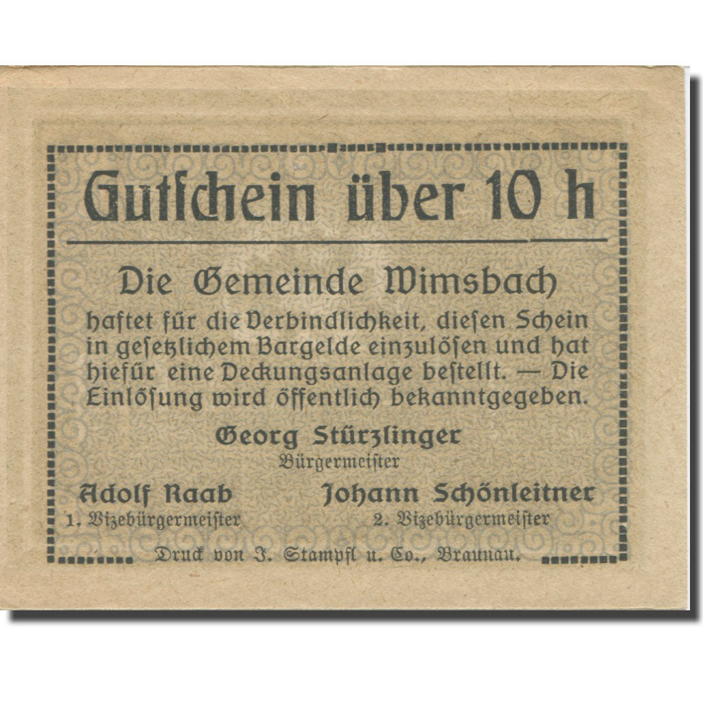 Banconote, Austria, Wimsbach, 10 Heller, Texte, SPL-, Mehl:FS 1240