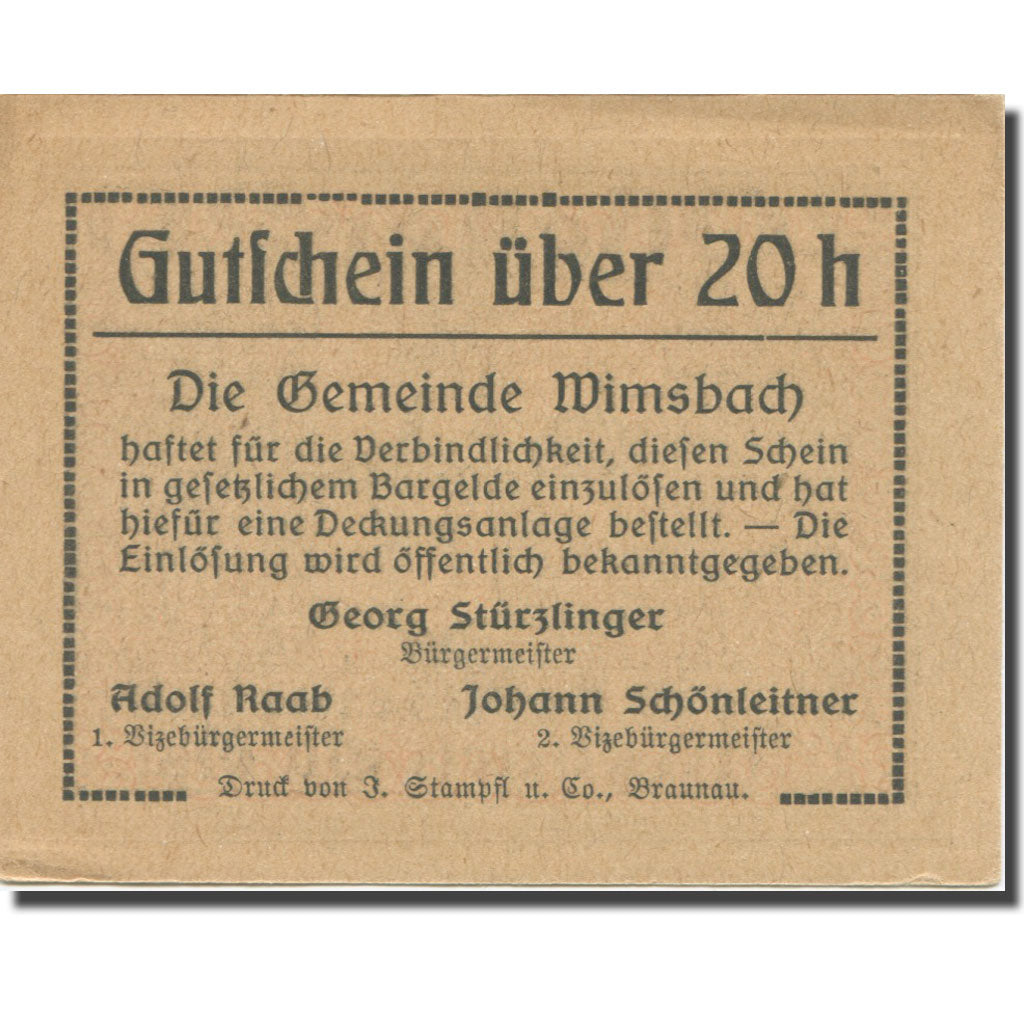 Geldschein, Österreich, Wimsbach, 20 Heller, texte 1, VZ, Mehl:FS 1240