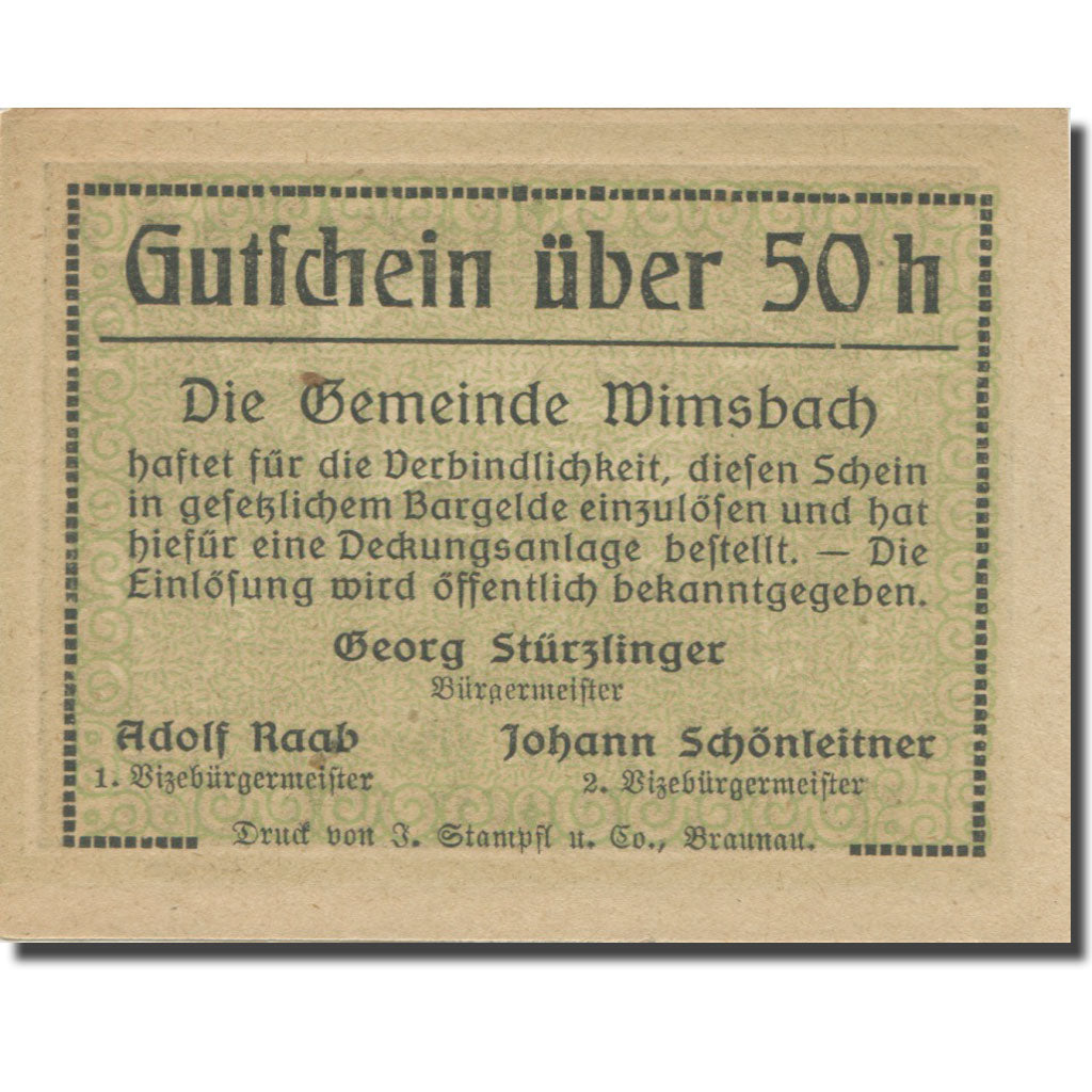 Geldschein, Österreich, Wimsbach, 50 Heller, Texte 2, VZ, Mehl:FS 1240