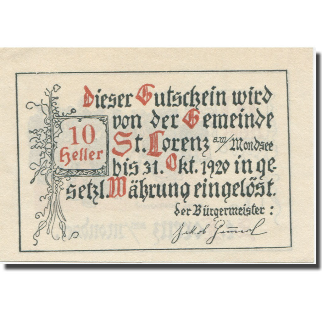 Banconote, Austria, St. Lorenz am Mondsee O.Ö. Gemeinde, 10 Heller, Texte