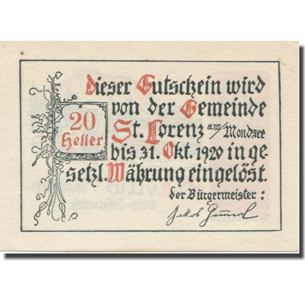 Banknote, Austria, St. Lorenz am Mondsee O.Ö. Gemeinde, 20 Heller, texte 1