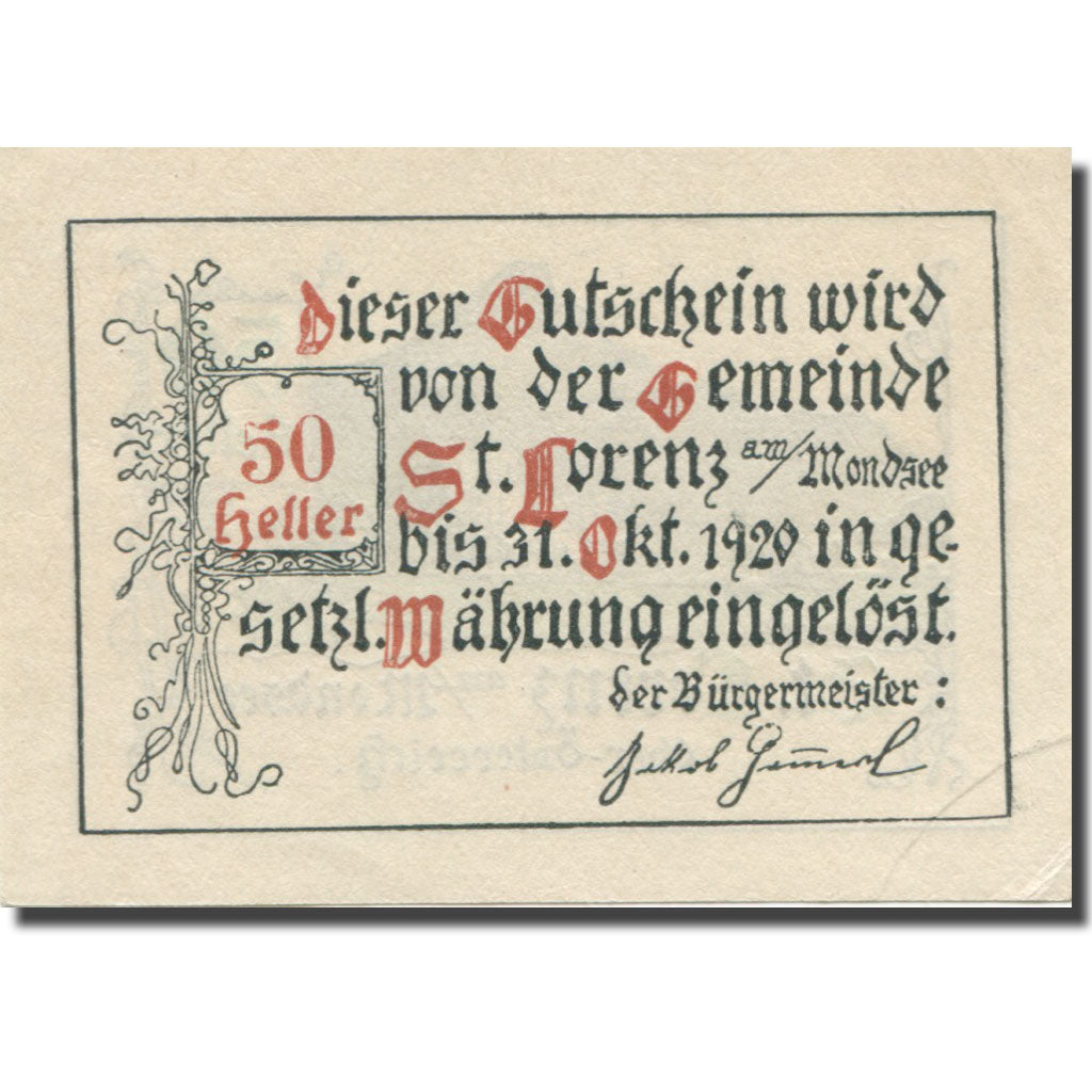 Banknote, Austria, St. Lorenz am Mondsee O.Ö. Gemeinde, 50 Heller, Texte 2