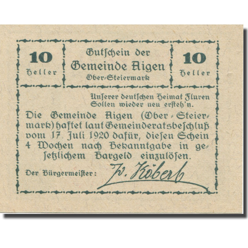 Banknote, Austria, Aigen Stm. Gemeinde, 10 Heller, Texte, 1920, 1920-07-17
