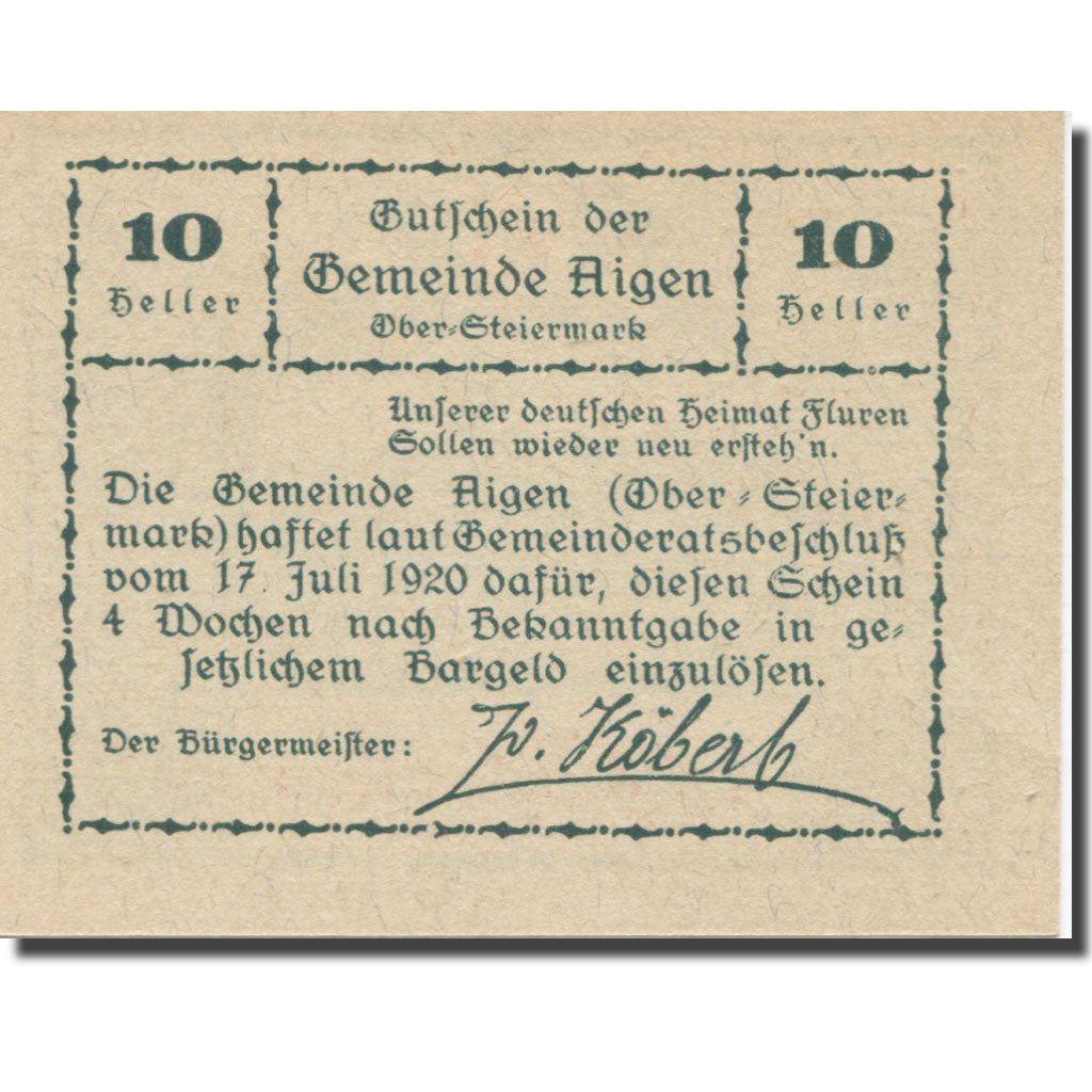 Banknote, Austria, Aigen Stm. Gemeinde, 10 Heller, texte 1, 1920, 1920-07-17