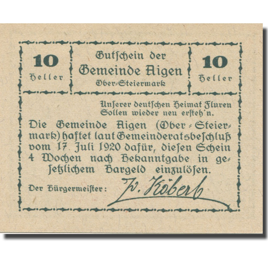 Banknote, Austria, Aigen Stm. Gemeinde, 10 Heller, Texte 2, 1920, 1920-07-17
