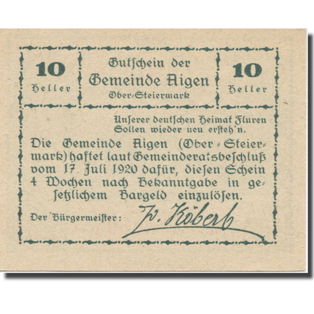 Banknote, Austria, Aigen Stm. Gemeinde, 10 Heller, Texte 3, 1920, 1920-07-17
