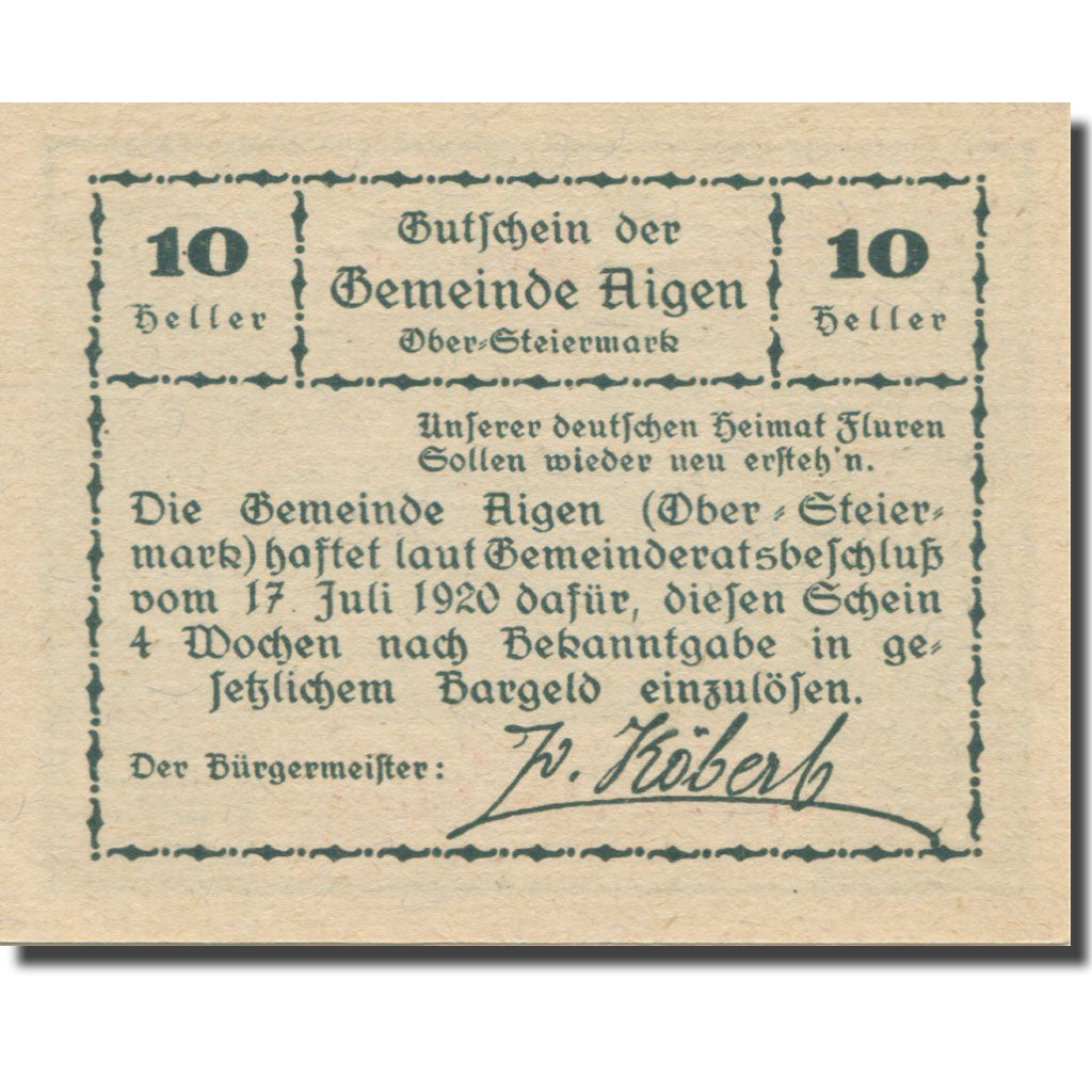 Banknote, Austria, Aigen Stm. Gemeinde, 10 Heller, Texte 4, 1920, 1920-07-17