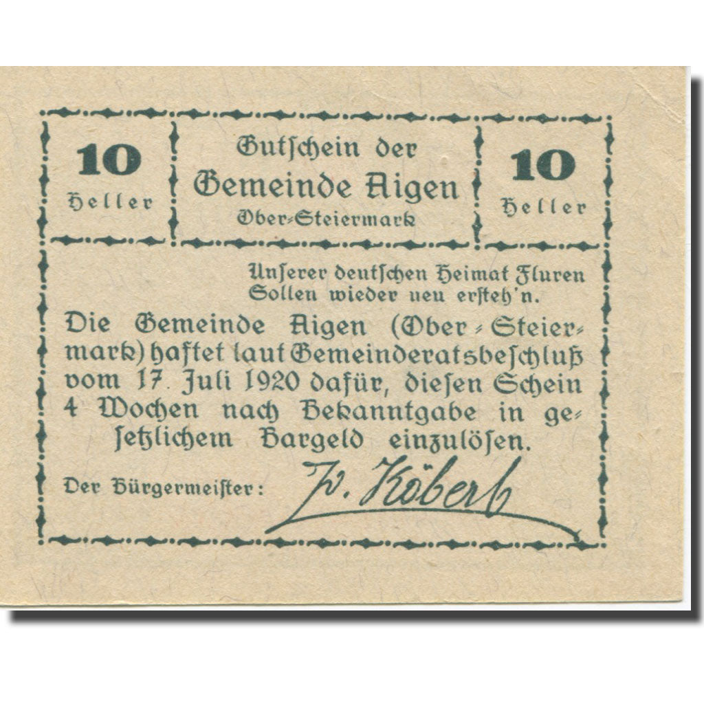 Banknote, Austria, Aigen Stm. Gemeinde, 10 Heller, Texte  5, 1920, 1920-07-17