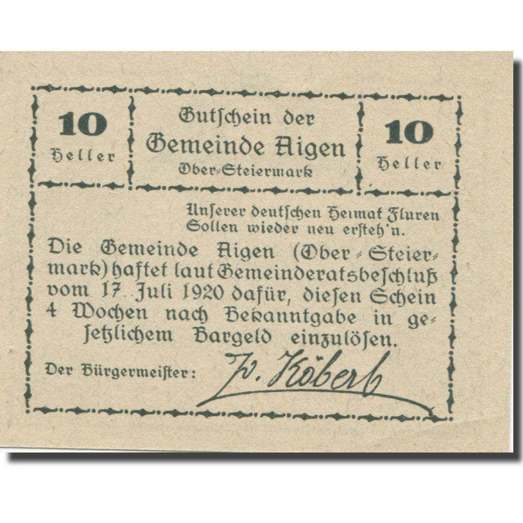 Banknote, Austria, Aigen Stm. Gemeinde, 10 Heller, Texte 6, 1920, 1920-07-17