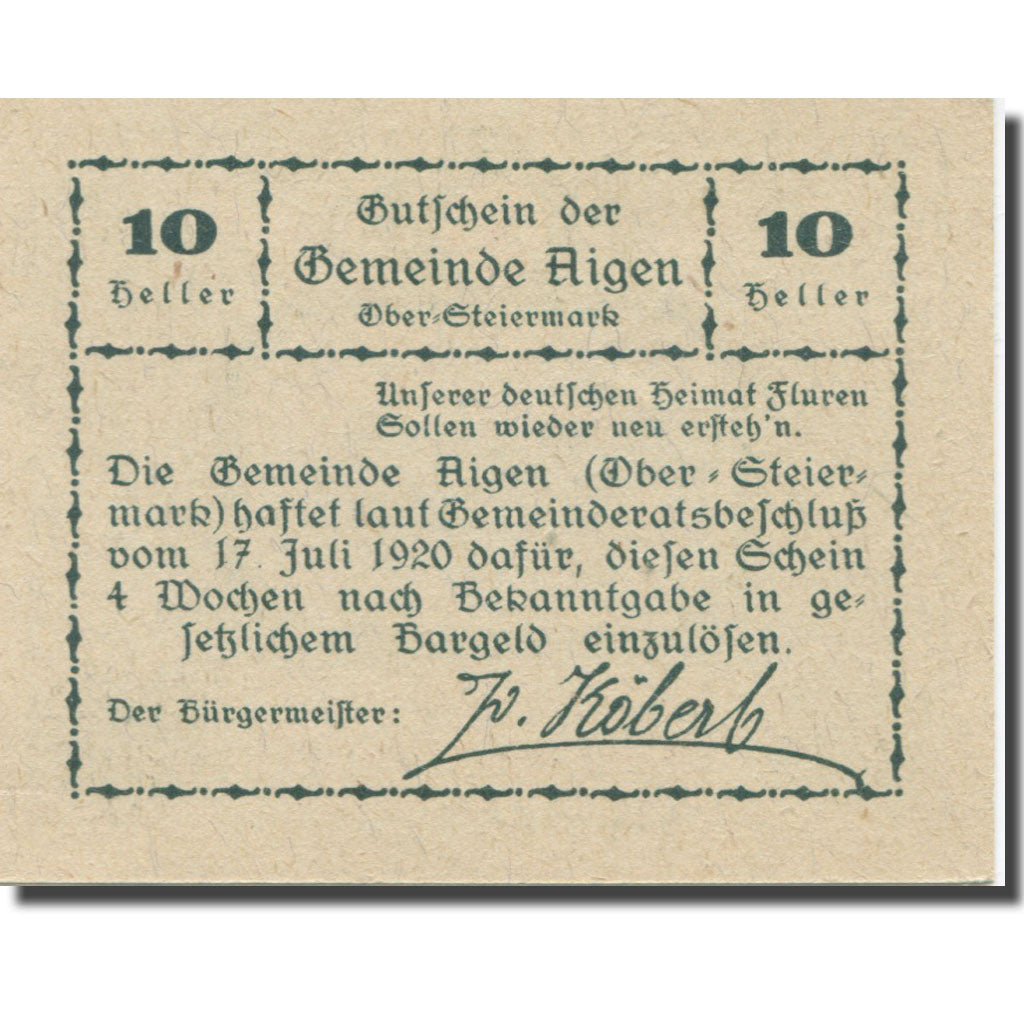 Banconote, Austria, Aigen Stm. Gemeinde, 10 Heller, Texte 7, 1920, 1920-07-17