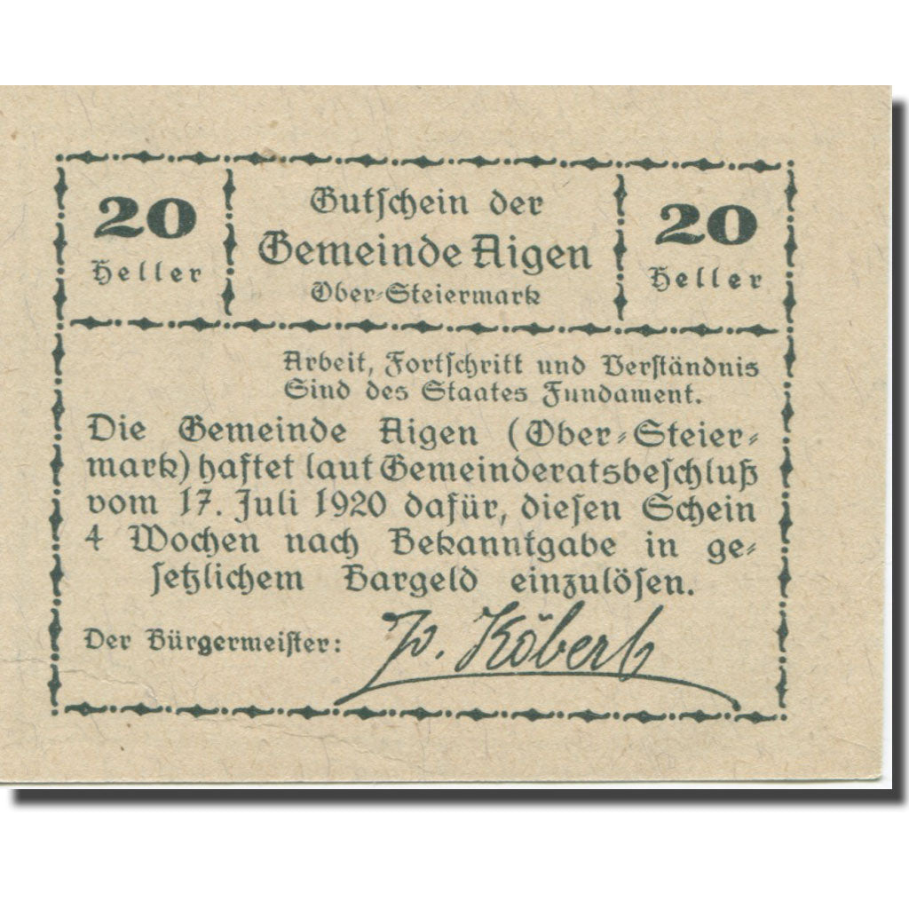 Banknote, Austria, Aigen Stm. Gemeinde, 20 Heller, Texte, 1920, 1920-07-17