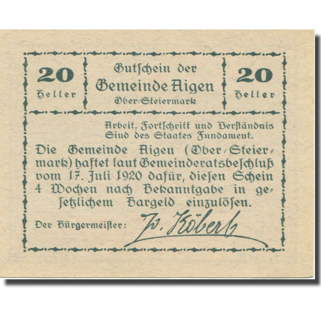 Banconote, Austria, Aigen Stm. Gemeinde, 20 Heller, texte 1, 1920, 1920-07-17