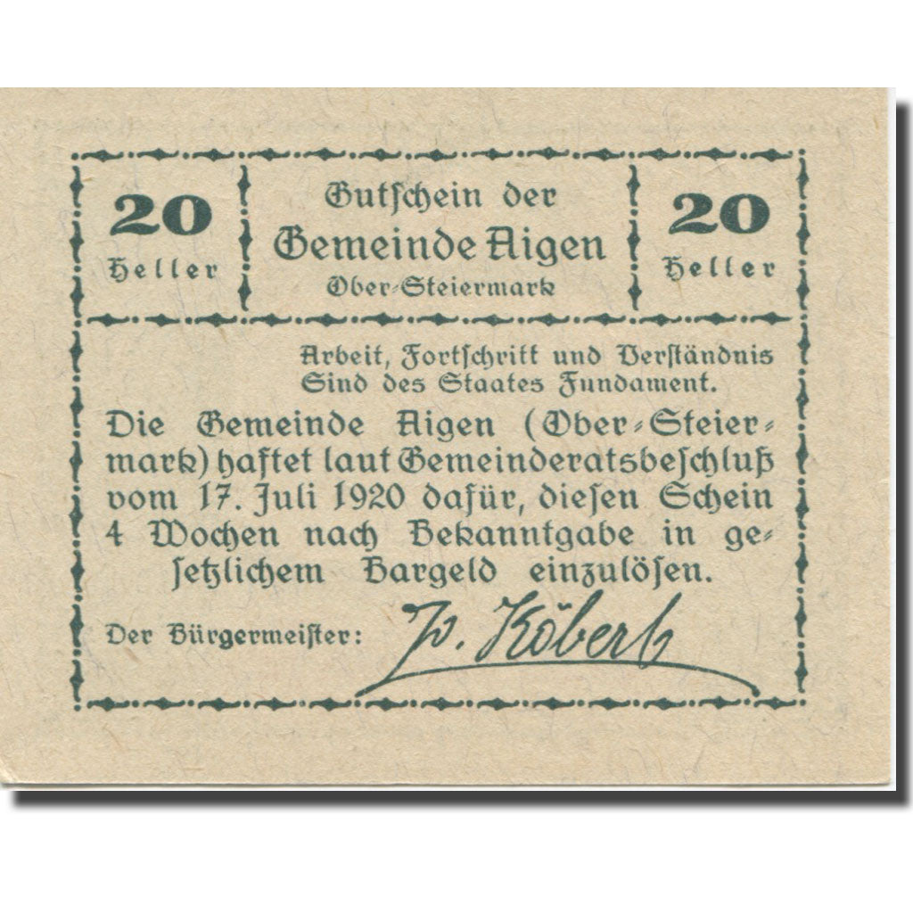 Banconote, Austria, Aigen Stm. Gemeinde, 20 Heller, Texte 2, 1920, 1920-07-17