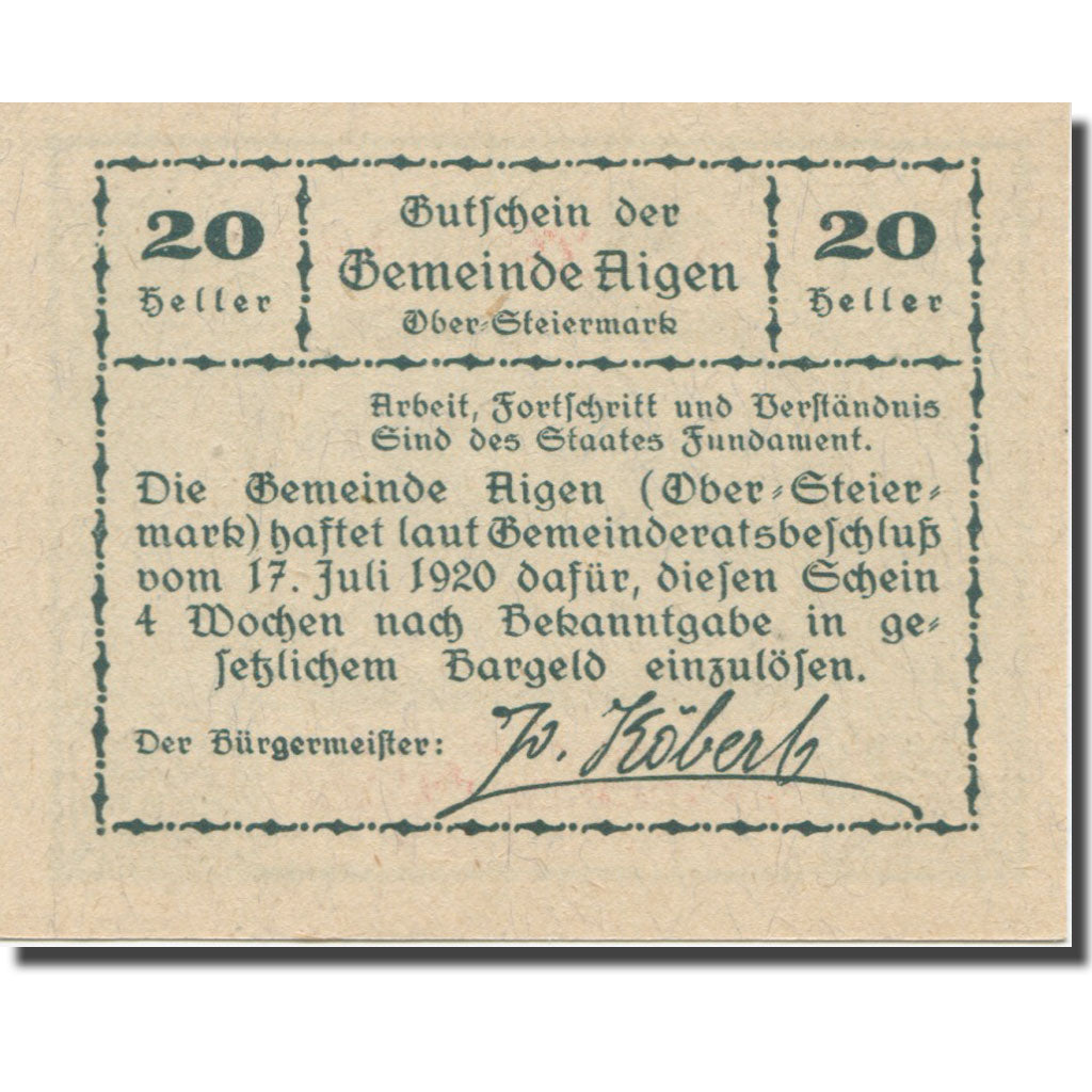 Banconote, Austria, Aigen Stm. Gemeinde, 20 Heller, Texte 3, 1920, 1920-07-17