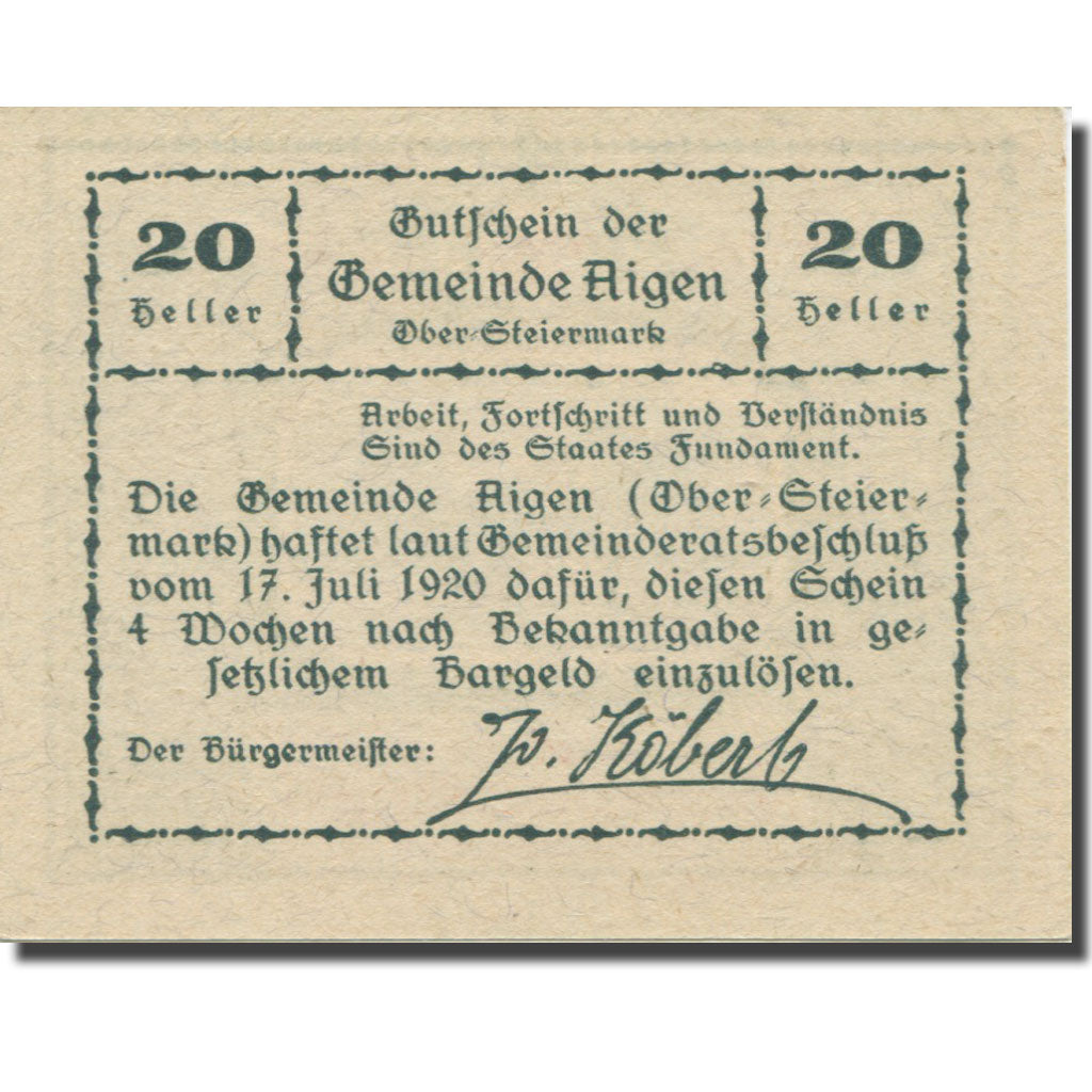 Banknote, Austria, Aigen Stm. Gemeinde, 20 Heller, Texte 4, 1920, 1920-07-17