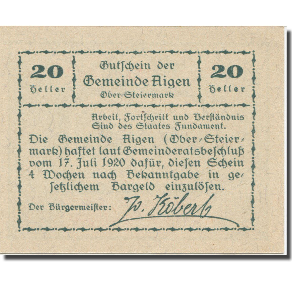 Banconote, Austria, Aigen Stm. Gemeinde, 20 Heller, Texte  5, 1920, 1920-07-17