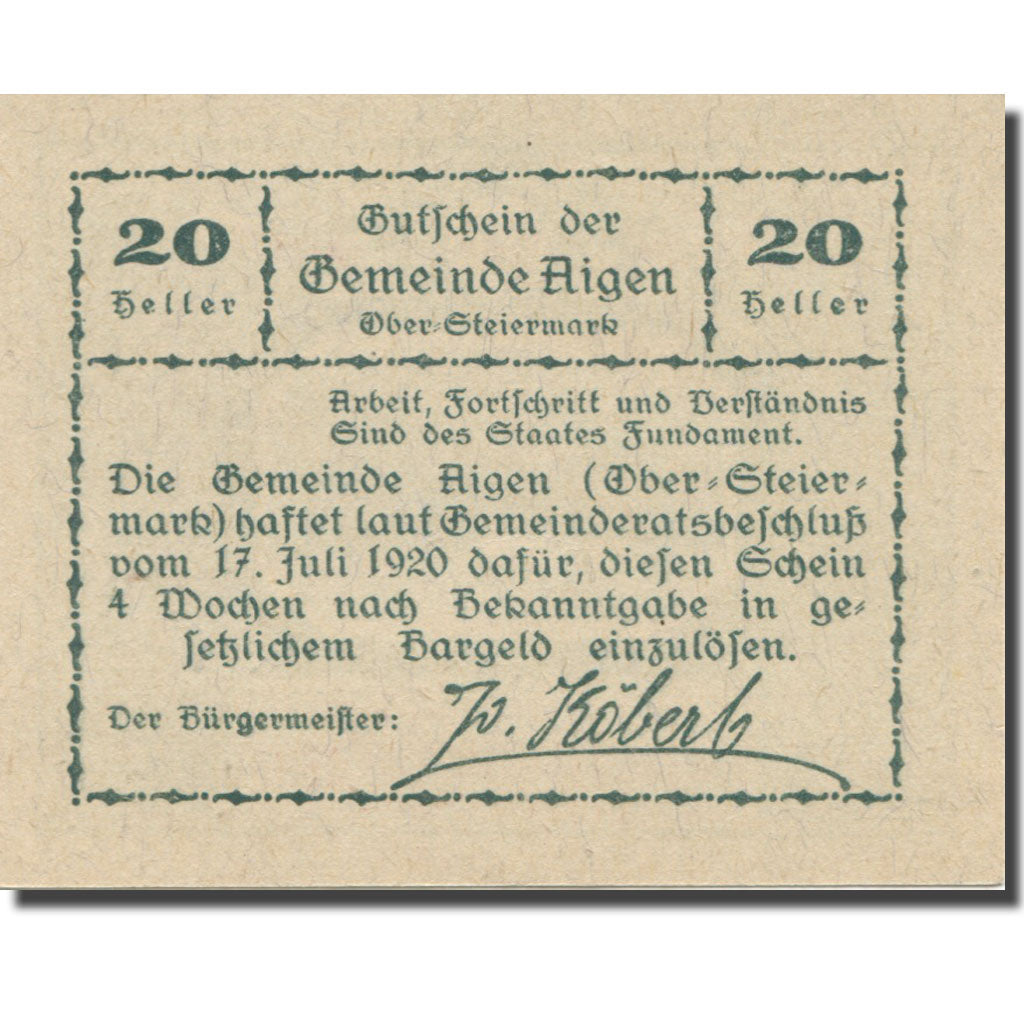 Banknote, Austria, Aigen Stm. Gemeinde, 20 Heller, Texte 6, 1920, 1920-07-17