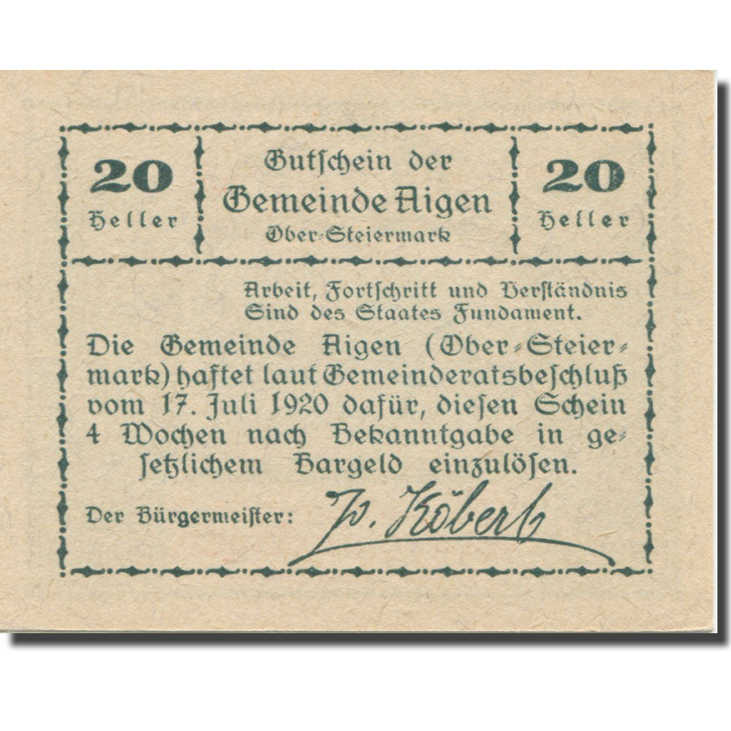 Banknote, Austria, Aigen Stm. Gemeinde, 20 Heller, Texte 7, 1920, 1920-07-17