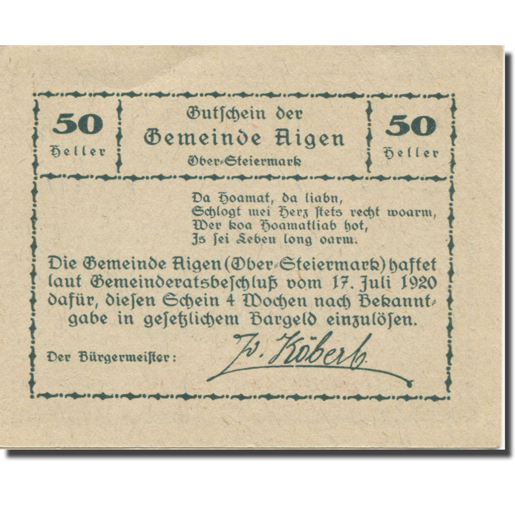 Banknote, Austria, Aigen Stm. Gemeinde, 50 Heller, texte 1, 1920, 1920-07-17