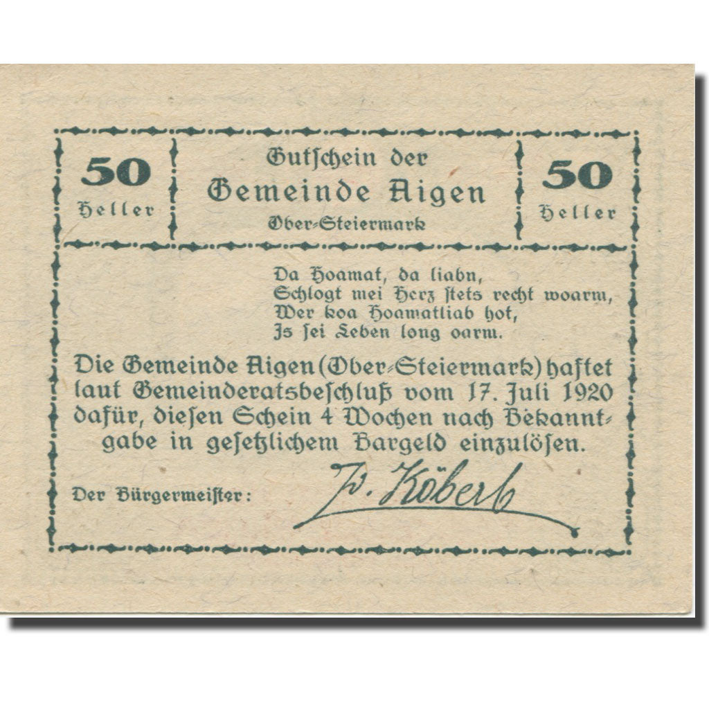 Banconote, Austria, Aigen Stm. Gemeinde, 50 Heller, Texte 2, 1920, 1920-07-17
