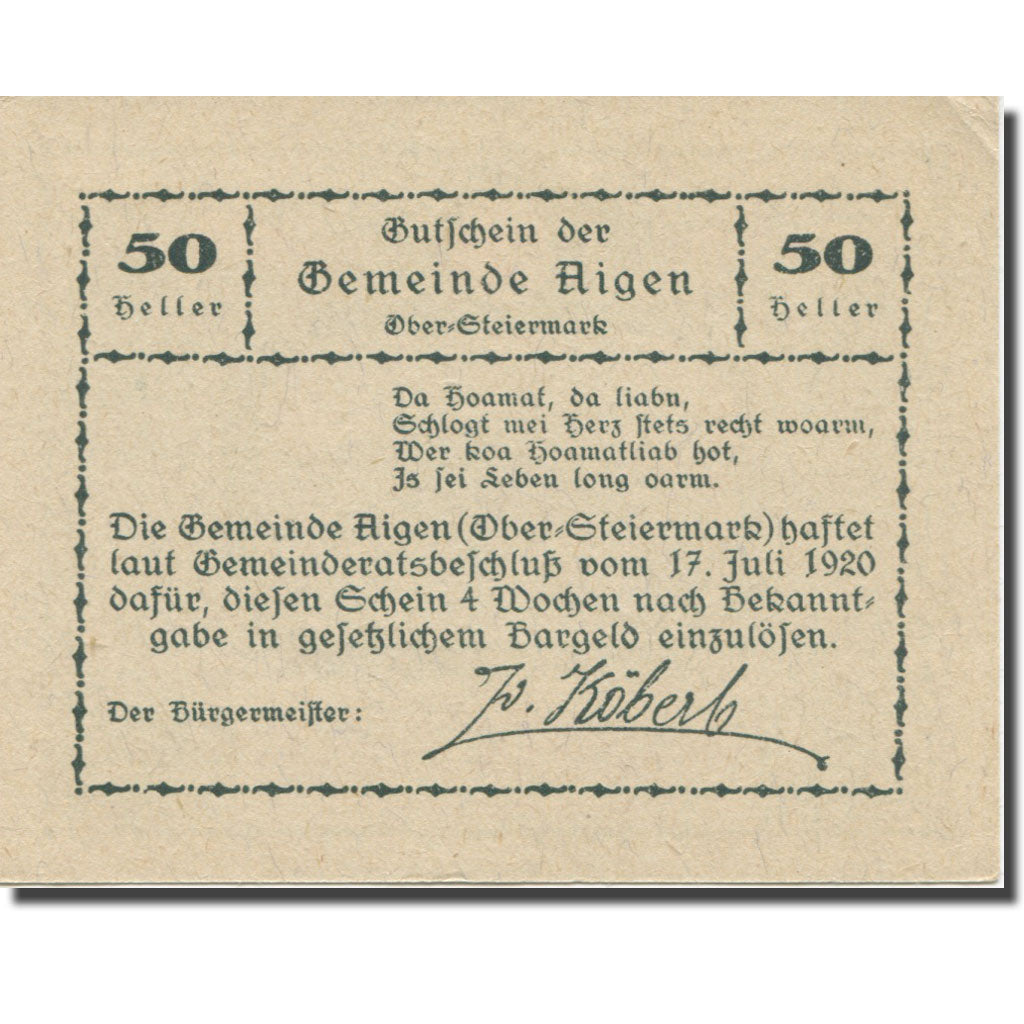 Banconote, Austria, Aigen Stm. Gemeinde, 50 Heller, Texte 3, 1920, 1920-07-17