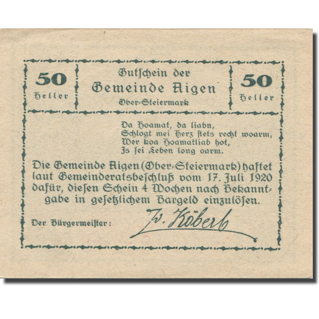 Banknote, Austria, Aigen Stm. Gemeinde, 50 Heller, Texte 4, 1920, 1920-07-17