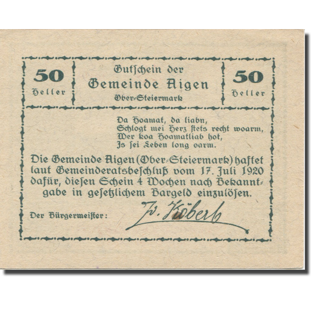 Banconote, Austria, Aigen Stm. Gemeinde, 50 Heller, Texte  5, 1920, 1920-07-17