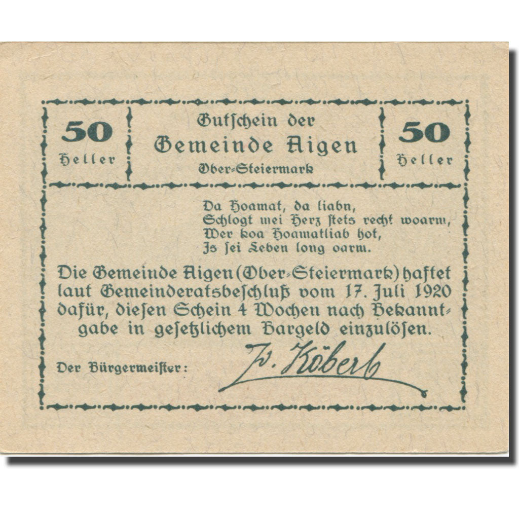 Banconote, Austria, Aigen Stm. Gemeinde, 50 Heller, Texte 6, 1920, 1920-07-17