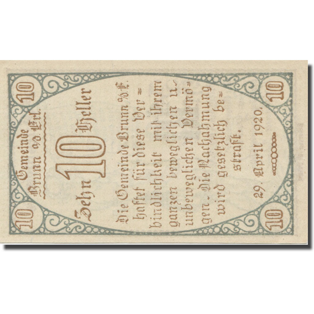Banknote, Austria, Brunn an der Erlauf Gemeinde, 10 Heller, Texte, 1920
