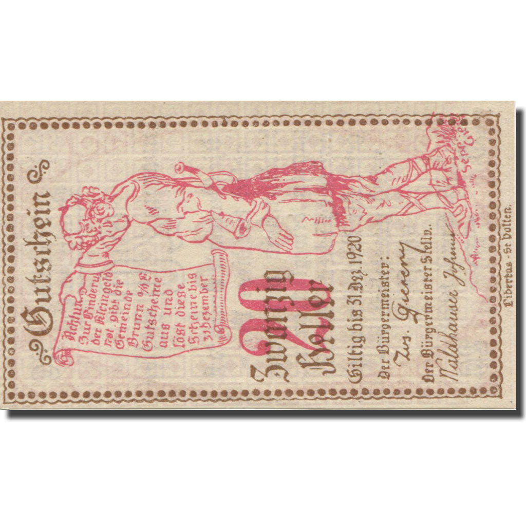 Banknote, Austria, Brunn an der Erlauf Gemeinde, 20 Heller, texte 1, 1920
