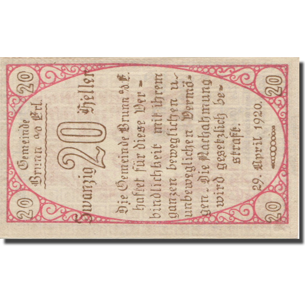 Banknote, Austria, Brunn an der Erlauf Gemeinde, 20 Heller, texte 1, 1920