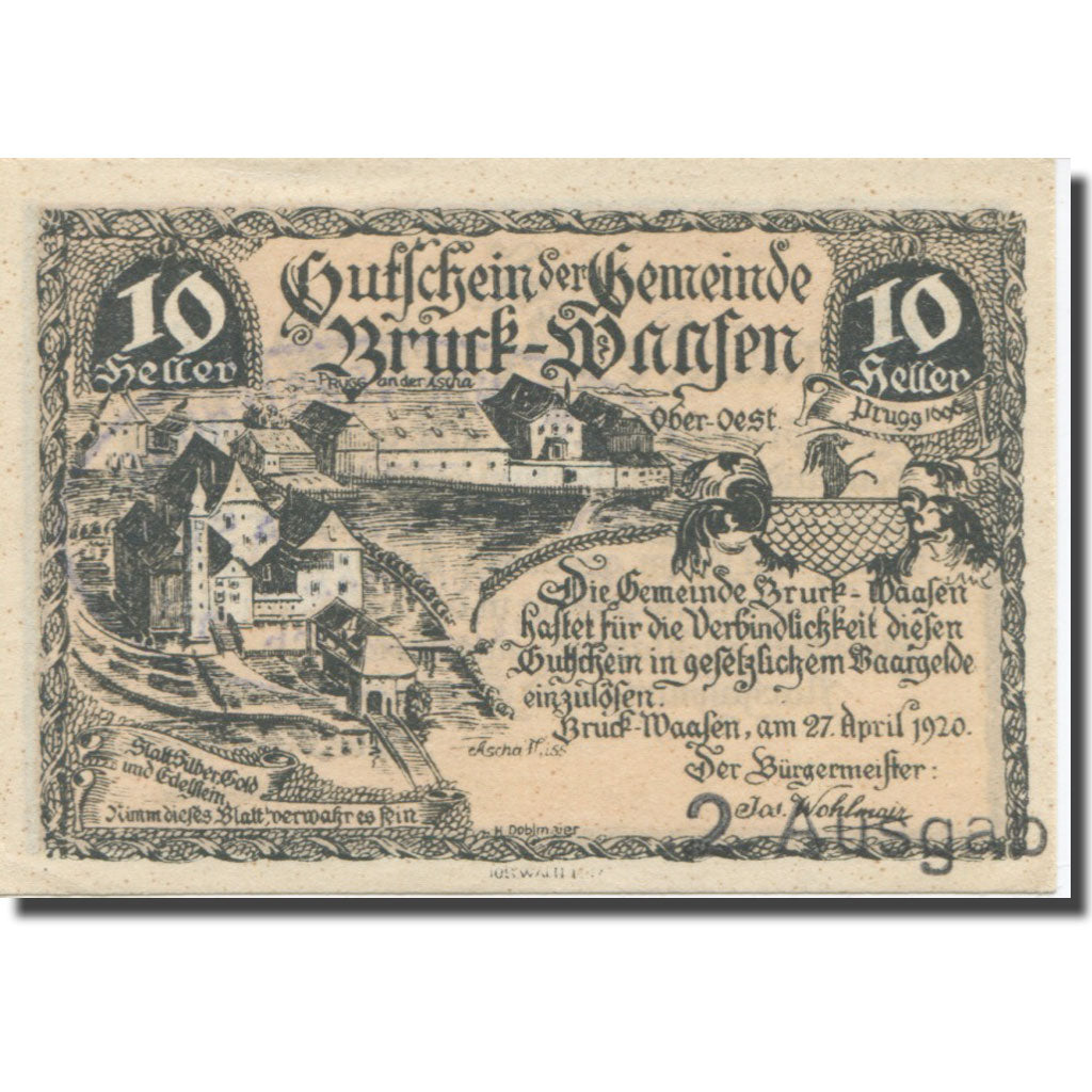 Banknote, Austria, Bruck-Waasen, 10 Heller, Texte, 1921, 1921-03-31, AU(55-58)