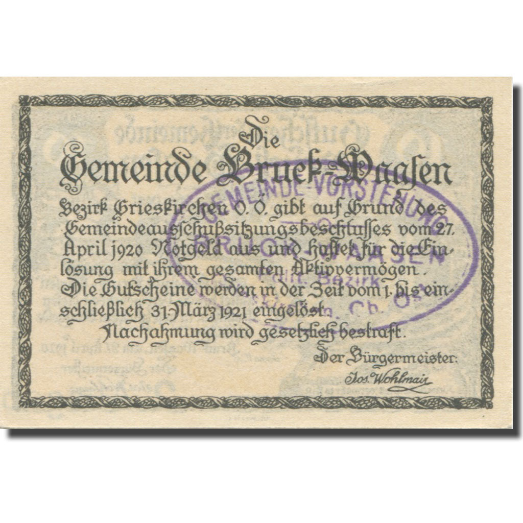 Banknote, Austria, Bruck-Waasen, 10 Heller, Texte, 1921, 1921-03-31, AU(55-58)