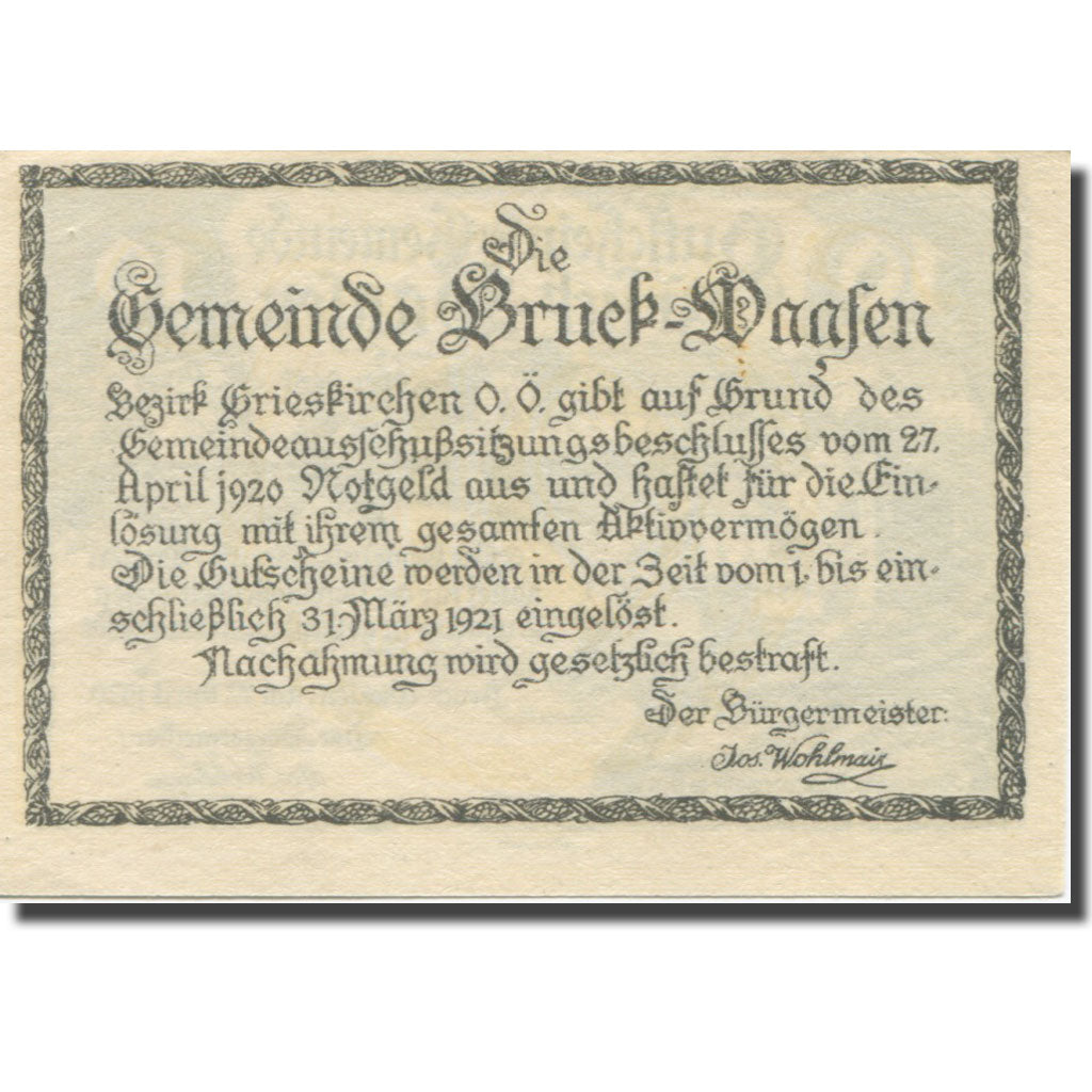 Banknote, Austria, Bruck-Waasen, 10 Heller, Texte 2, 1921, 1921-03-31