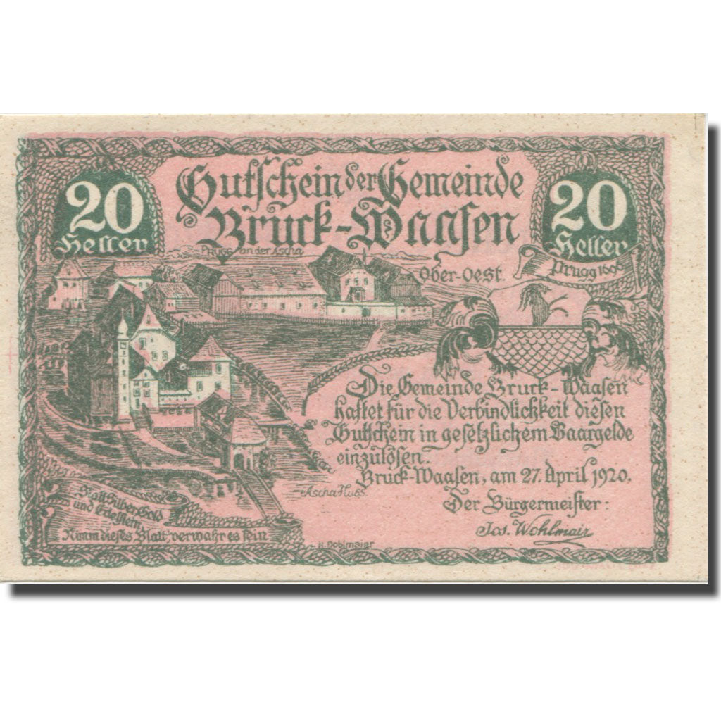 Banconote, Austria, Bruck-Waasen, 20 Heller, Texte 3, 1921, 1921-03-31, SPL-