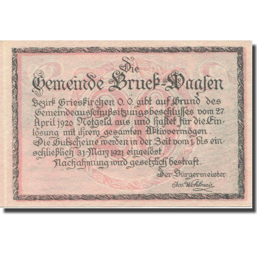 Banconote, Austria, Bruck-Waasen, 20 Heller, Texte 3, 1921, 1921-03-31, SPL-