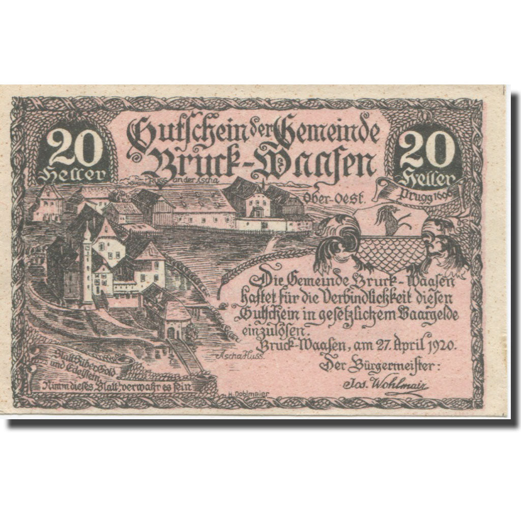 Banknote, Austria, Bruck-Waasen, 20 Heller, Texte 4, 1921, 1921-03-31