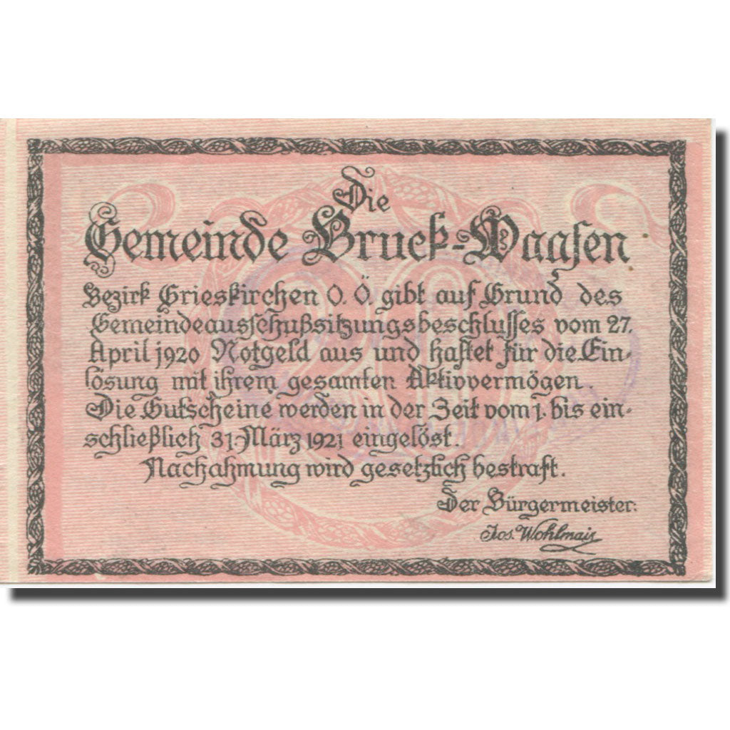 Banknote, Austria, Bruck-Waasen, 20 Heller, Texte 4, 1921, 1921-03-31