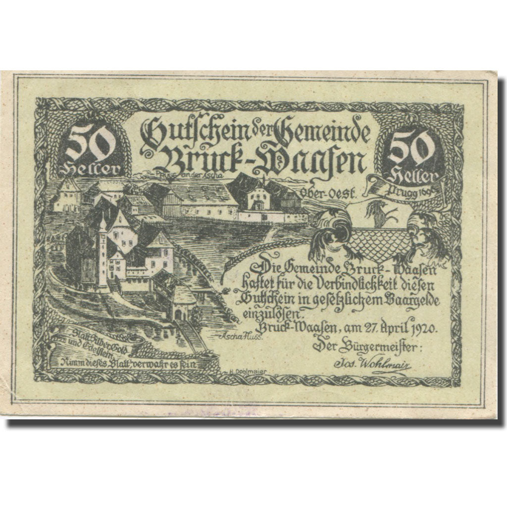 Banknote, Austria, Bruck-Waasen, 50 Heller, Texte  5, 1921, 1921-03-31