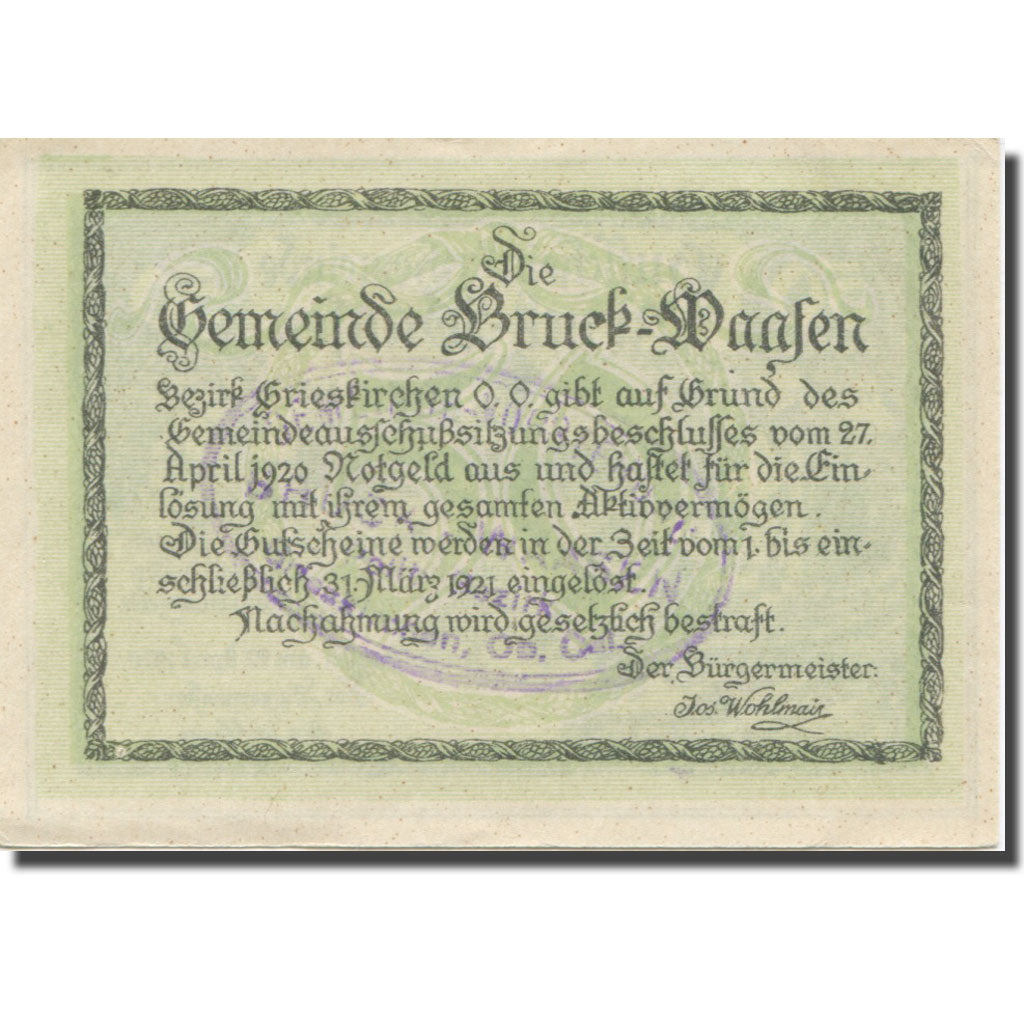 Banknote, Austria, Bruck-Waasen, 50 Heller, Texte 6, 1921, 1921-03-31