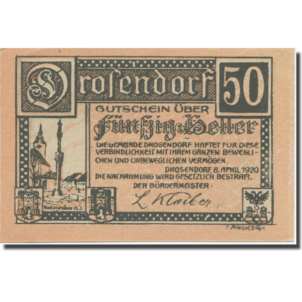 Banknote, Austria, Drosendorf, 50 Heller, village 2, 1920, 1920-04-08