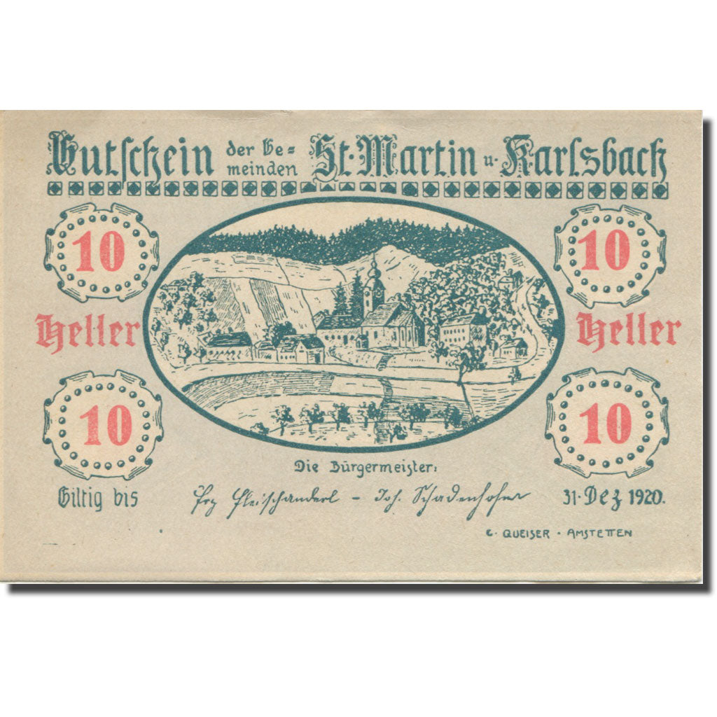 Banknote, Austria, St. Martin a.Y. und Karlsbach N.Ö. Gemeinden, 10 Heller