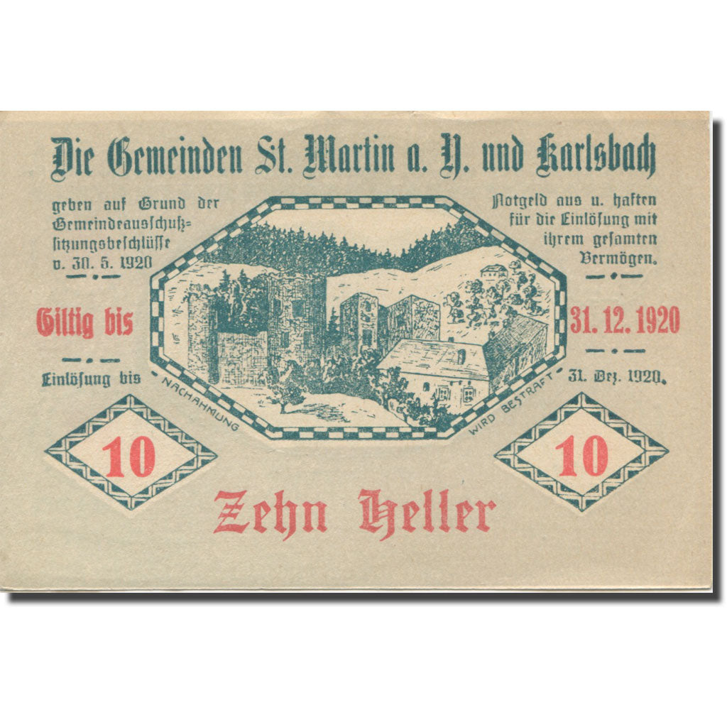Banknote, Austria, St. Martin a.Y. und Karlsbach N.Ö. Gemeinden, 10 Heller