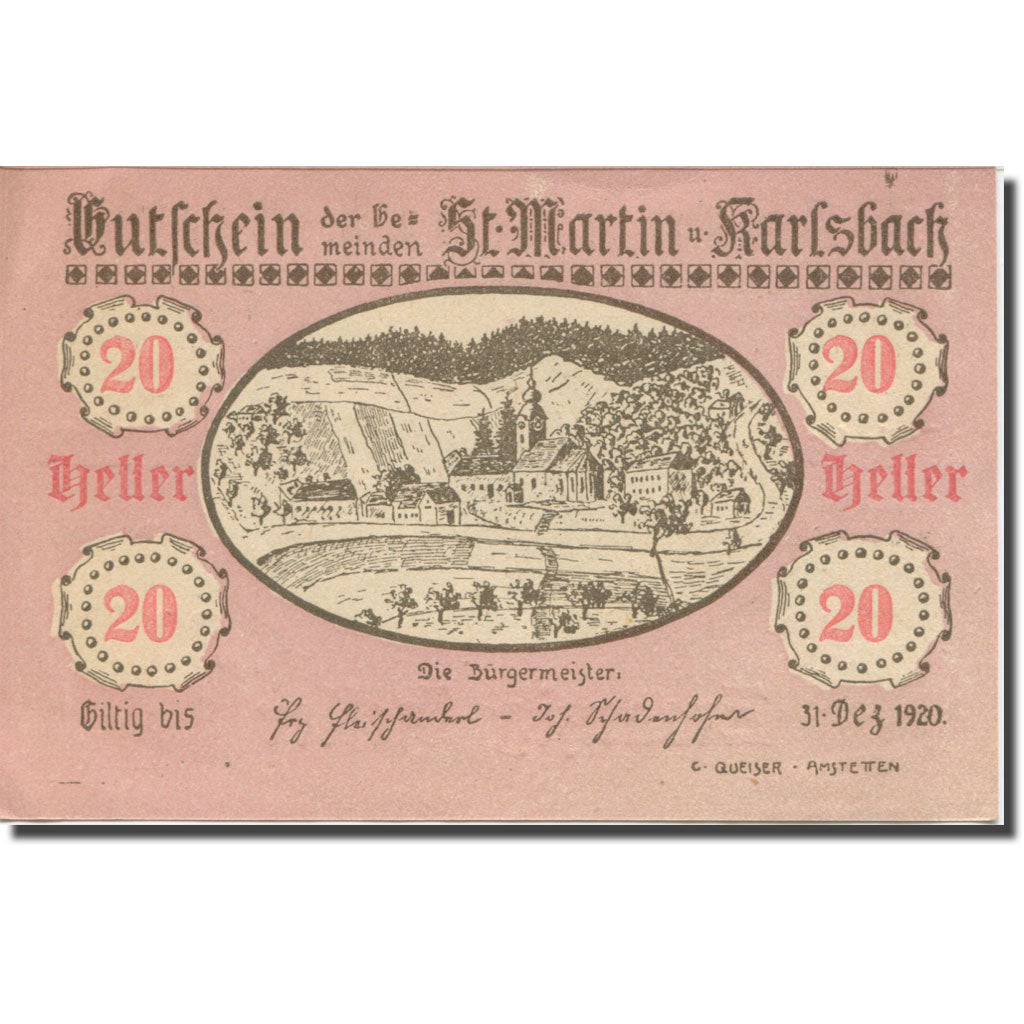 Banknote, Austria, St. Martin a.Y. und Karlsbach N.Ö. Gemeinden, 20 Heller
