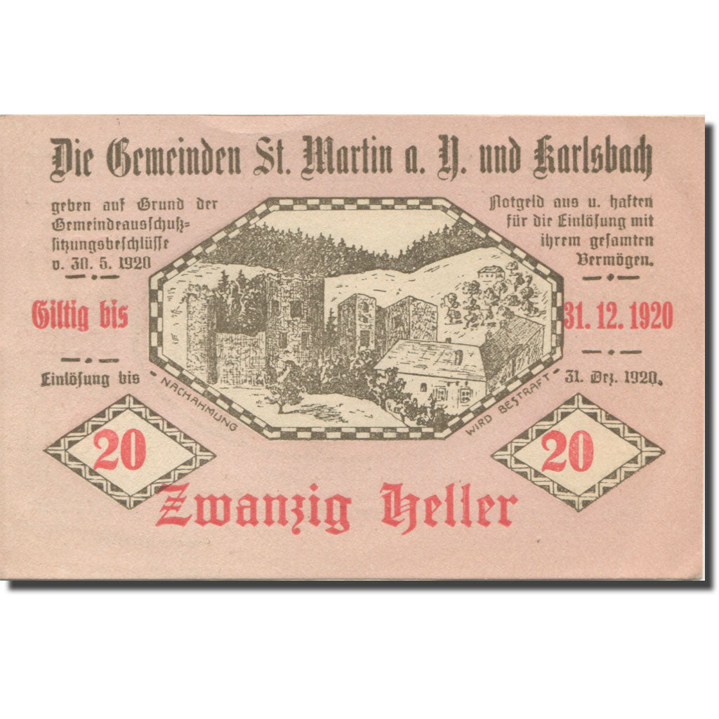 Banknote, Austria, St. Martin a.Y. und Karlsbach N.Ö. Gemeinden, 20 Heller