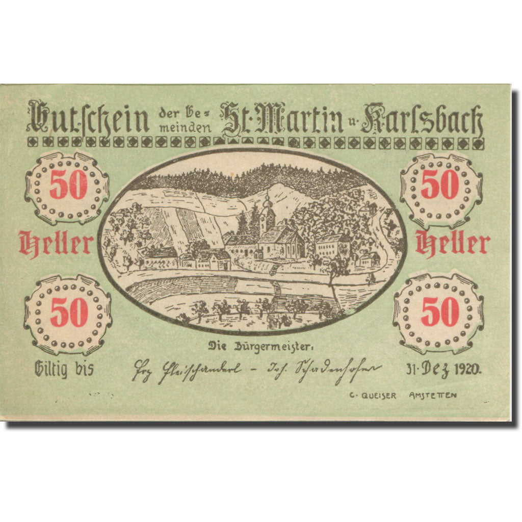 Banknote, Austria, St. Martin a.Y. und Karlsbach N.Ö. Gemeinden, 50 Heller