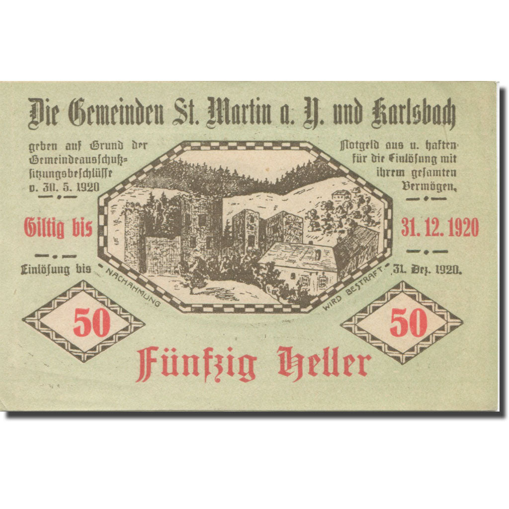 Banknote, Austria, St. Martin a.Y. und Karlsbach N.Ö. Gemeinden, 50 Heller