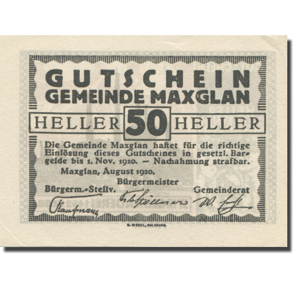 Banknote, Austria, Maxglan, 50 Heller, Texte 2, 1920, 1920-11-01, AU(55-58)